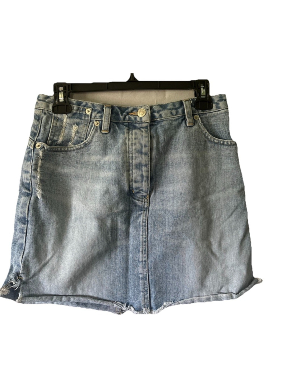 Next Denim Mini Skirt UK 10 Distressed Frayed Raw Hem Blue Light Wash Jean Flat